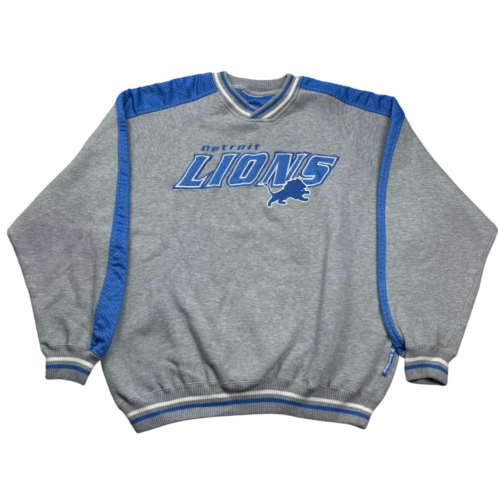 Lee Sport Detroit Lions Sweatshirt Grey Blue Mesh Stripe Embroidered Mens XL
